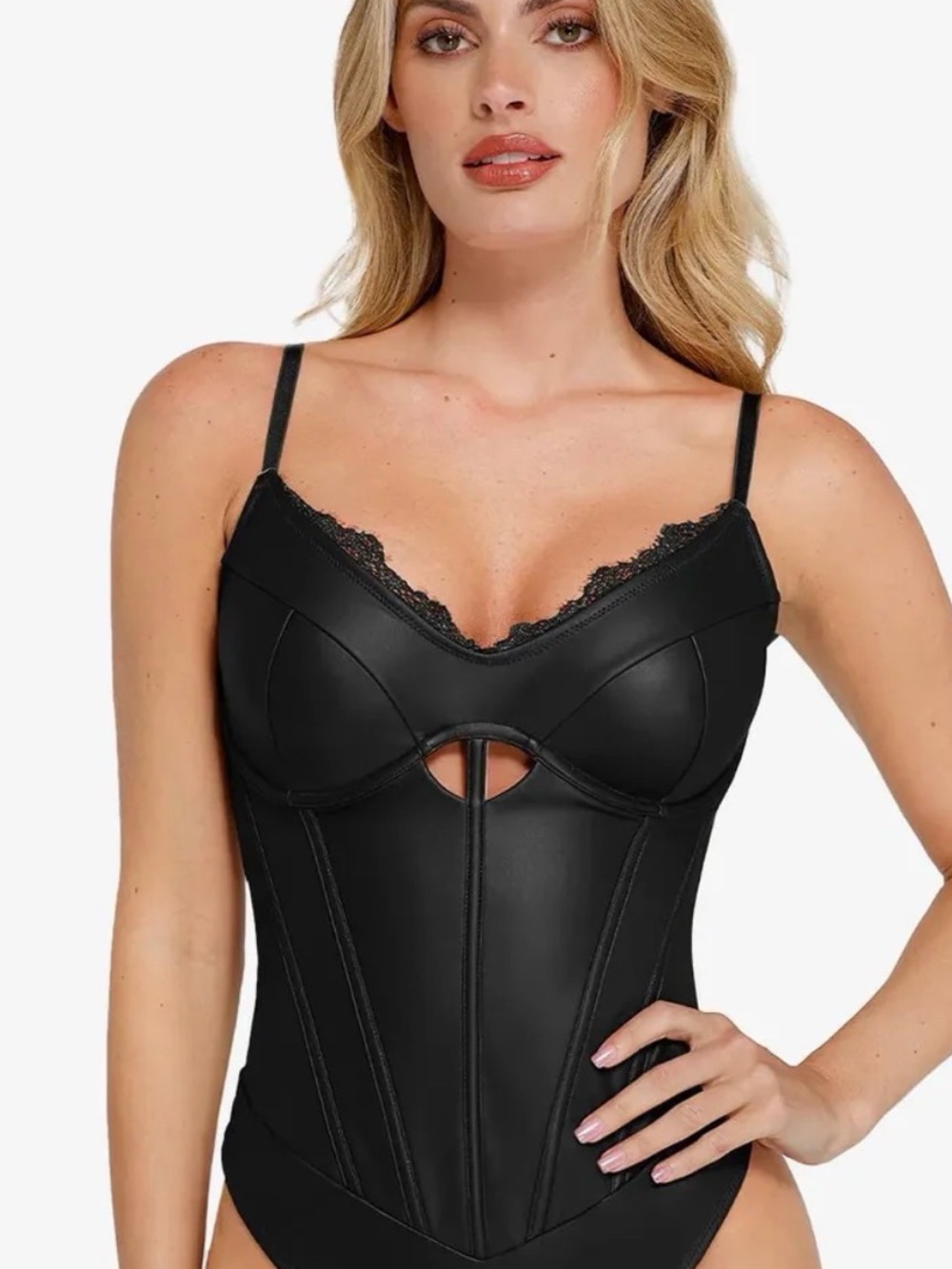 Black Lace-Trim Faux Leather Bustier Bodysuit